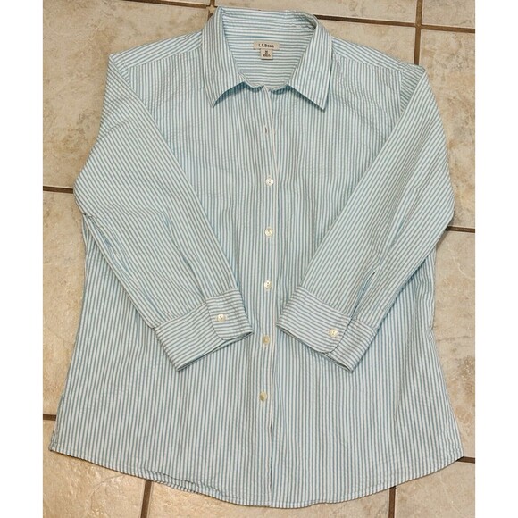 LL Bean Women Size M Teal/White Striped Seersucker Button Up Shirt Blouse - Picture 10 of 13